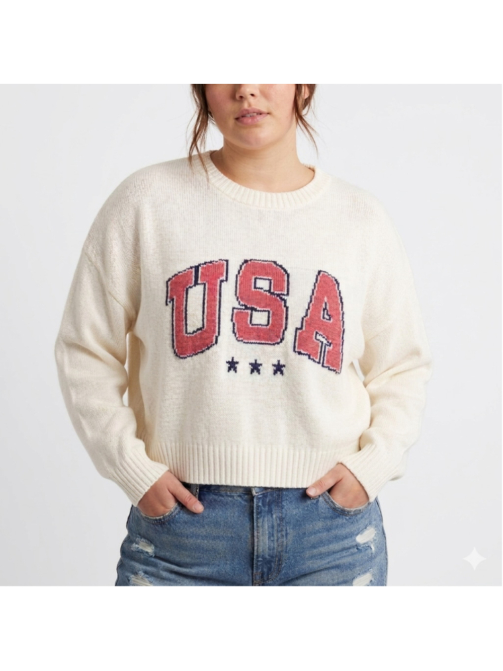 Women's Plus Size USA Graphic Knit Cropped Sweater–Off White–Size 3XL–NWT
